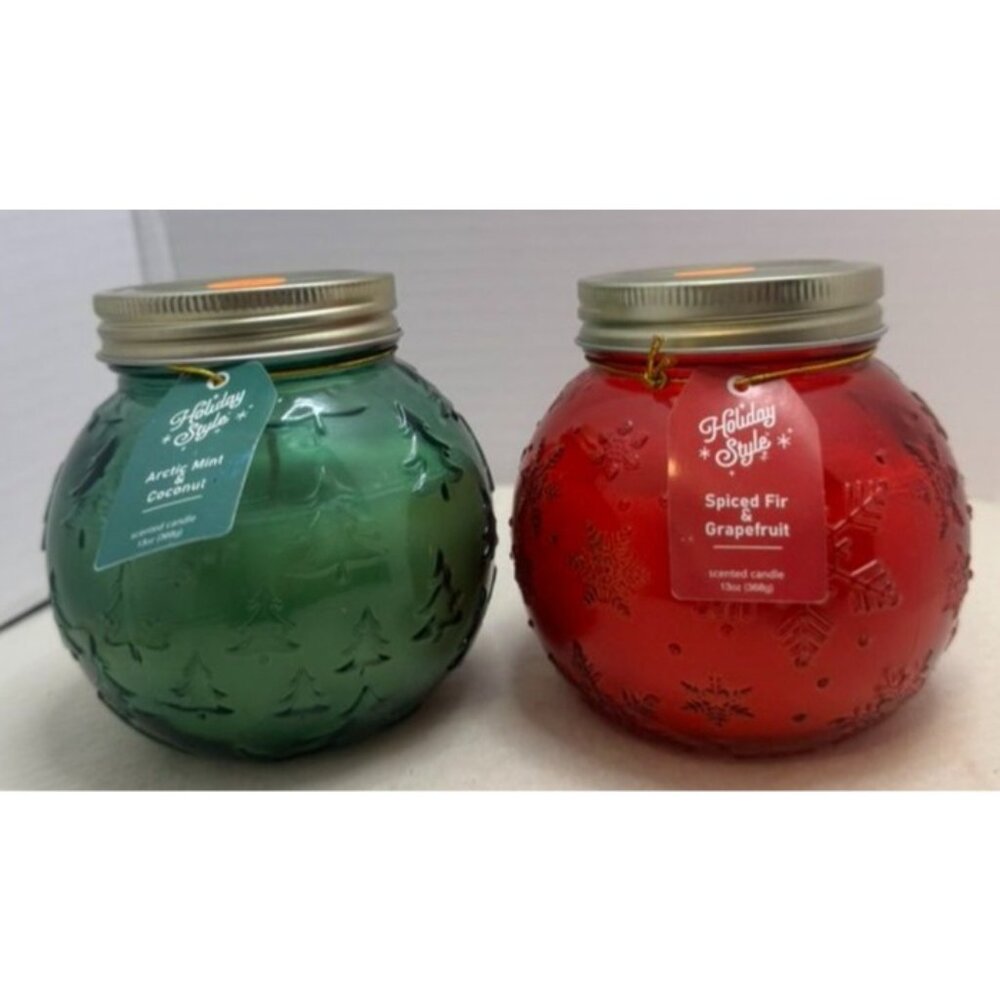 Holiday Style Scented Candle Set 2-Pack 14oz Each Arctic Mint & Spiced Fir Glass
